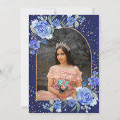 Blauw bloemig Roos gouden tiara prinses Quinceaner Kaart (Achterkant)