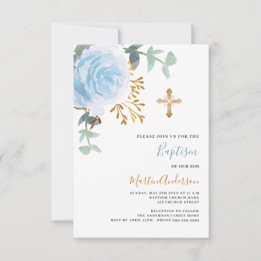 Blauw bloemig roos groen gouden cross boy doop kaart (Voorkant)