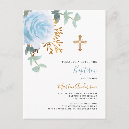Blauw bloemig roos groen gouden cross boy doop uitnodiging briefkaart (Voorkant)