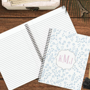 Blauw Bloemig Roze Monogram Custom Notitieboek