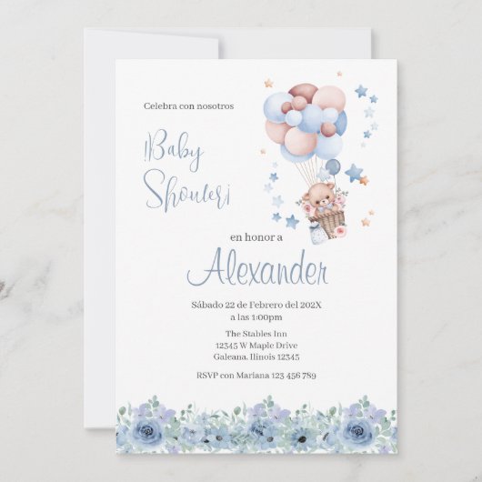 Blauw bloemig Spaans Baby shower Jongensuitnodigin Kaart (Voorkant)