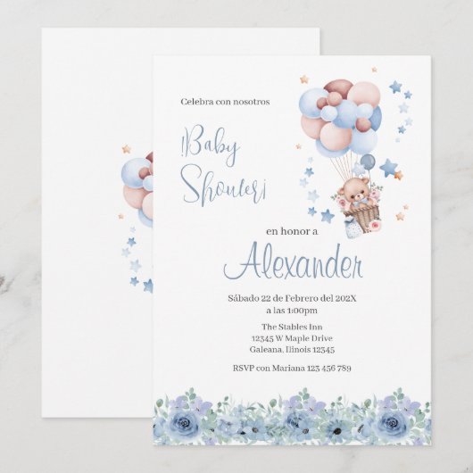 Blauw bloemig Spaans Baby shower Jongensuitnodigin Kaart (Voorkant / Achterkant)
