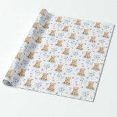 Blauw bloemig teddybeer baby shower inpakpapier (Uitgerold)