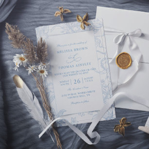 Blauw Bloemig Vintage Elegante Budget QR Code Huwe Kaart