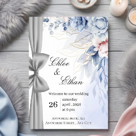 Blauw Bloemige Elegantie Bruiloft Kaart