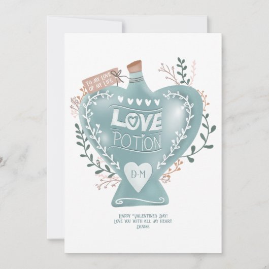 Blauw bloemige liefdesdrankfles Valentijnsdag  Feestdagenkaart (Voorkant)