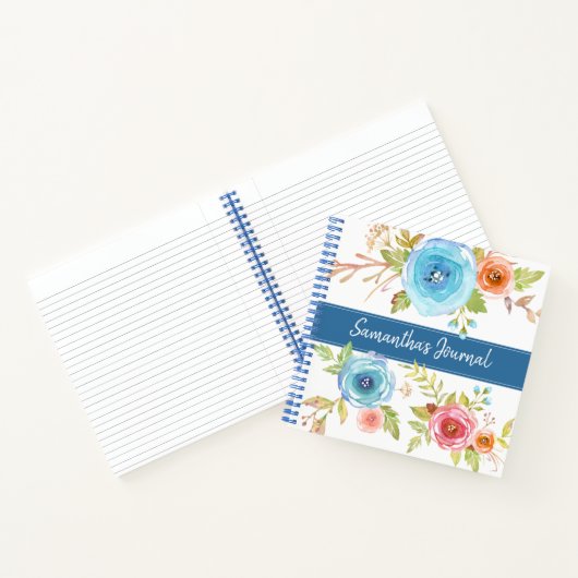 Blauw bloemige waterverf aangepaste script naam vi notitieboek (Binnen)