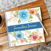 Blauw bloemige waterverf aangepaste script naam vi notitieboek