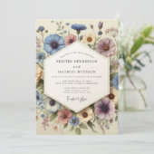 Blauw Bloemige Whimsy Bruiloft Kaart (Staand voorkant)