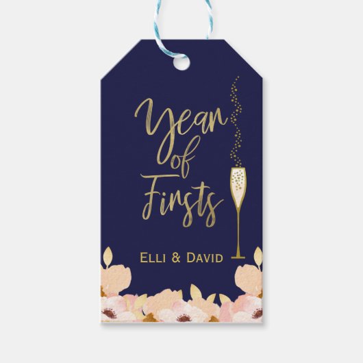 Blauw bloemjaar van eerste label cadeaulabel (Voorkant)