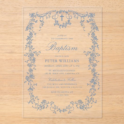 Blauw  Bloemjongen doop doop doop Acryl Uitnodigingen (Voorkant)