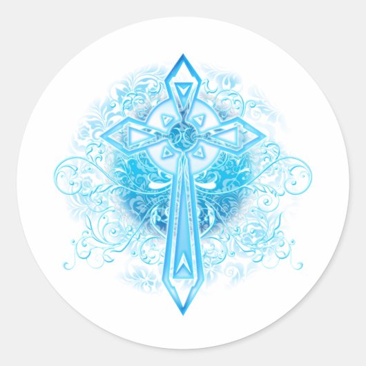 Blauw Bloemkruis Ronde Sticker (Voorkant)