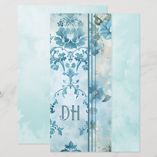 Blauw  Bloemmonogram 5.5x8.5 Journaalpapier (Voorkant / Achterkant)