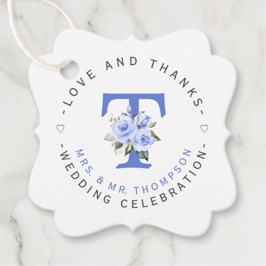 Blauw Bloemmonogram Circulair Huwelijk Bedankjes Labels (Voorkant)