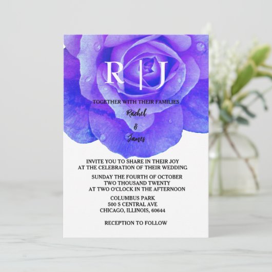 Blauw Bloemmonogram Roos Bloemen Elegante bruiloft Kaart (Staand voorkant)