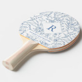 Blauw bloemmonogram vleermuis mitzvah ping pong pe tafeltennisbatje (Voorkant Gekanteld)