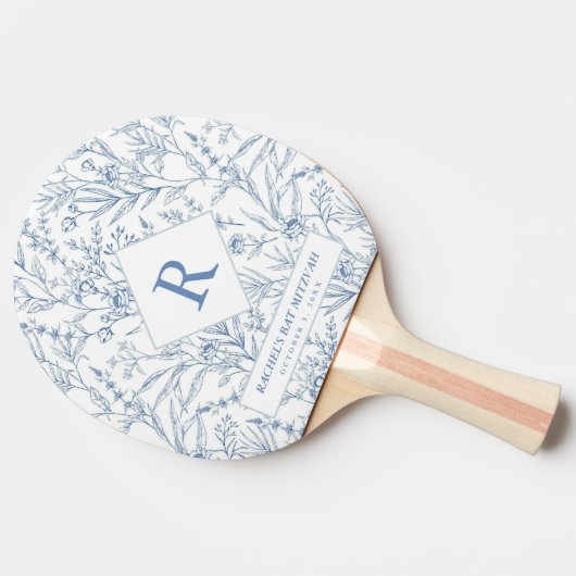 Blauw bloemmonogram vleermuis mitzvah ping pong pe tafeltennisbatje (Zijkant)