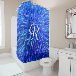 Blauw bloemmotief abstract, witte monogram,  douchegordijn
