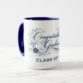 Blauw Bloemmotief Afstudeerscript met Jaartal naar Mok (Voorkant links)