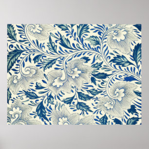 Blauw Bloemmotief Antiek Aziatisch Ontwerp Poster