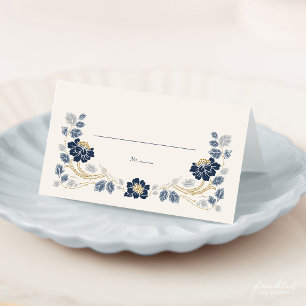 Blauw bloemmotief Art Nouveau gevouwen plaatskaart Plaatskaartje