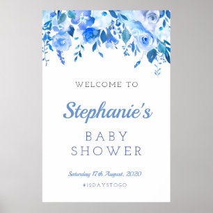 Blauw bloemmotief baby shower bord, Doop welkom Poster