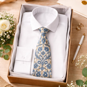 Blauw Bloemmotief Barok Patroon Elegant Klassiek Stropdas