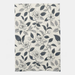 Blauw bloemmotief botanisch patroon (2) theedoek
