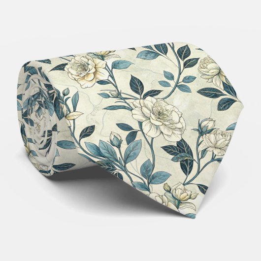 Blauw bloemmotief botanisch patroon (6) stropdas (Opgerold)
