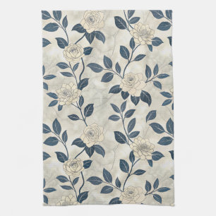 Blauw bloemmotief botanisch vintage patroon (3) theedoek