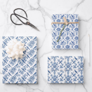 Blauw Bloemmotief Chinoiserie Cadeaupapier Set van