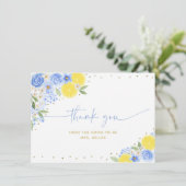 Blauw bloemmotief citroen Main Squeeze bruidsfeest Bedankkaart (Staand voorkant)