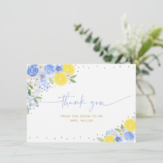 Blauw bloemmotief citroen Main Squeeze bruidsfeest Bedankkaart (Staand voorkant)