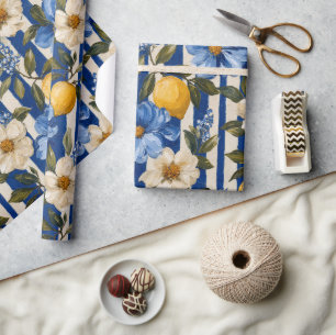 Blauw bloemmotief citroen streep elegant  cadeaupapier