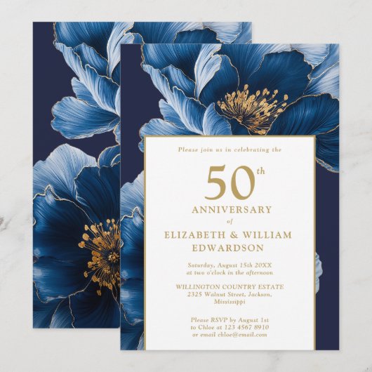 Blauw bloemmotief Elegant Modern 50ste verjaardag Kaart (Voorkant / Achterkant)