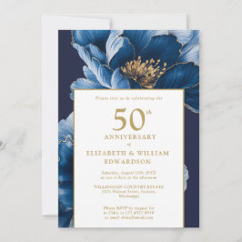 Blauw bloemmotief Elegant Modern 50ste verjaardag Kaart