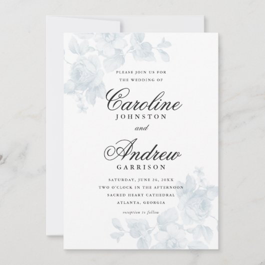 Blauw bloemmotief Elegant script trouwfeest Kaart (Voorkant)