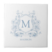 Blauw bloemmotief familiewapen monogram keramische tegeltje (Voorkant)