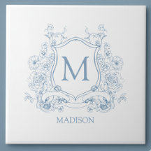Blauw bloemmotief familiewapen monogram keramische