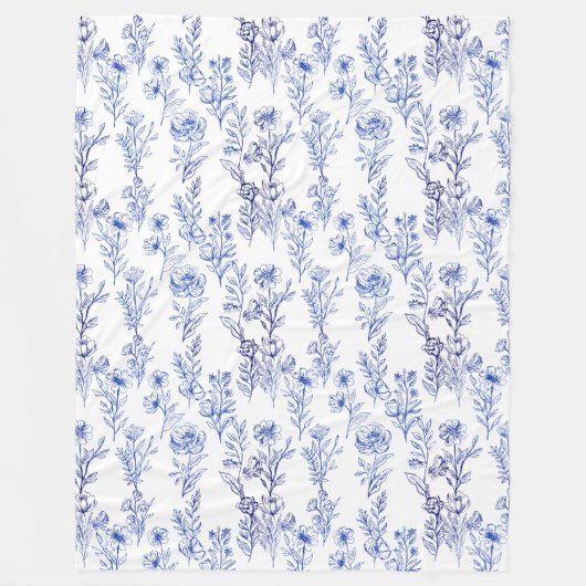 blauw bloemmotief fleece deken (Voorkant)