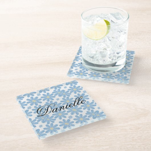 Blauw Bloemmotief - Glas Onderzetter (Schuin)