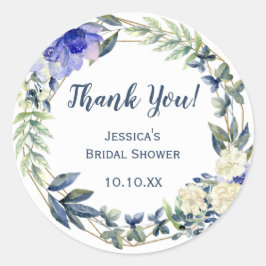 Blauw Bloemmotief Goud Geometrisch Dank Je Ronde Sticker