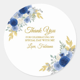 Blauw Bloemmotief & Goud Ronde Sticker