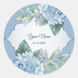 Blauw Bloemmotief Groene Bladeren Frame Bruiloft F Ronde Sticker