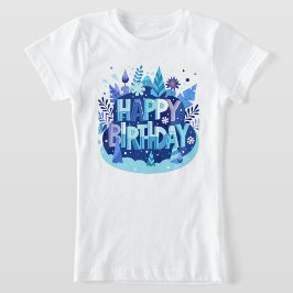 Blauw bloemmotief Happy Birthday T-shirt