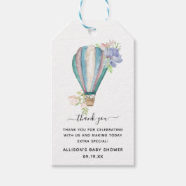 Blauw bloemmotief hete luchtballon baby shower bed cadeaulabel