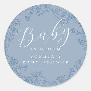 Blauw bloemmotief jongen baby in bloei baby shower ronde sticker