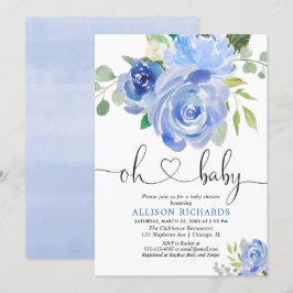 Blauw bloemmotief jongens baby shower waterverf kaart