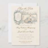 Blauw bloemmotief kerk Bijbeltekst bruiloft Save The Date (Voorkant)