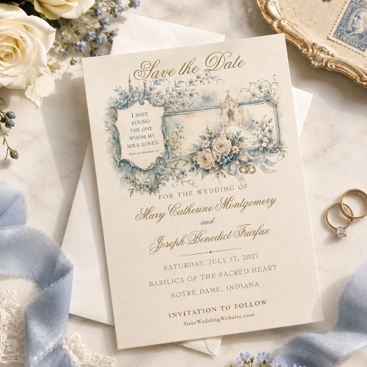 Blauw bloemmotief kerk Bijbeltekst bruiloft Save The Date